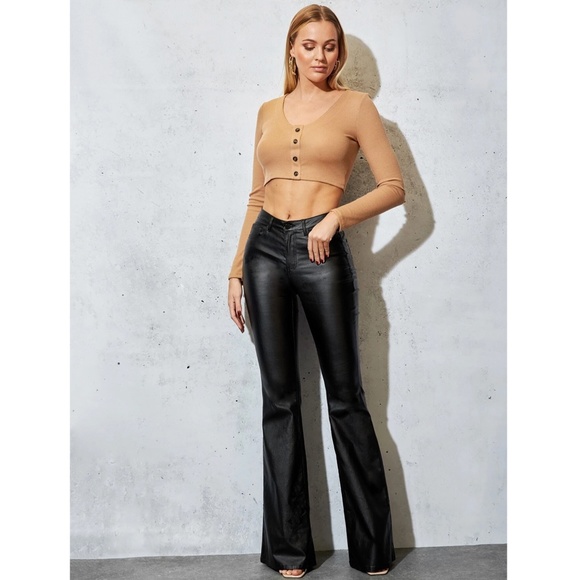 Black Faux Leather Wax Coated Jeans Flared Leg Bell Bottom High Waist - Picture 4 of 16